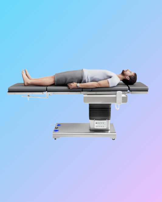 Electro hydraulic C-arm compatible electric OT table with 4 functions, featuring adjustable surface and sturdy construction.