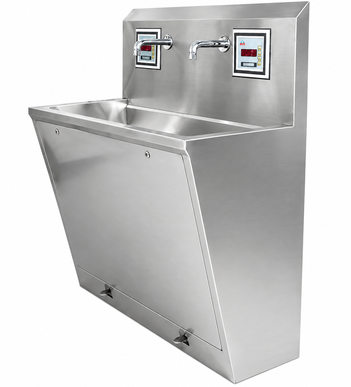 SURGICAL SCRRUB  Station A stainless steel industrial wall-mounted sink unit with two faucets, two digital control panels, and a lower access door, shown on a plain white background.