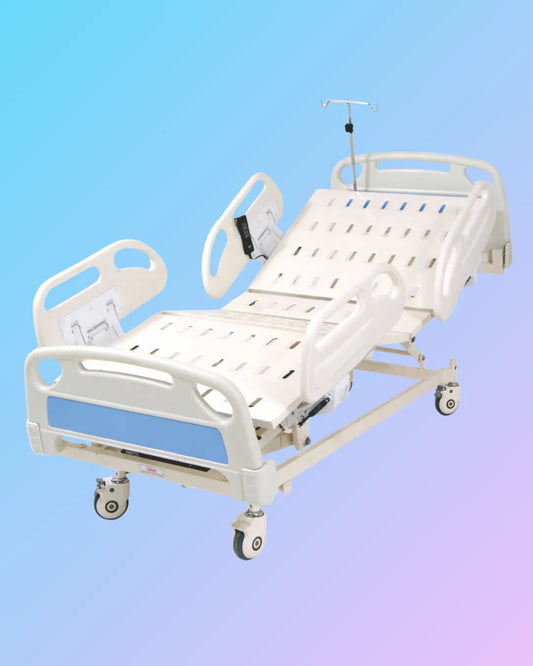 Hospital bed from My Store with adjustable side rails and a sturdy frame, designed for patient comfort and care.