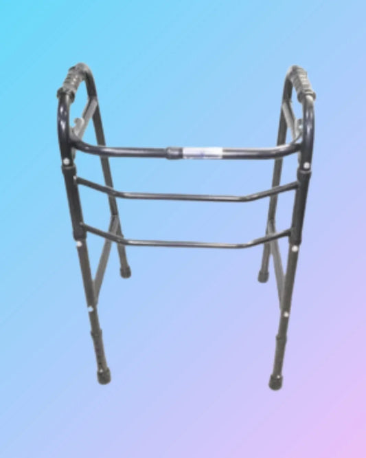 Adjustable folding walker with nut bolt for stability, featuring a sturdy frame and ergonomic handles for support and mobility.