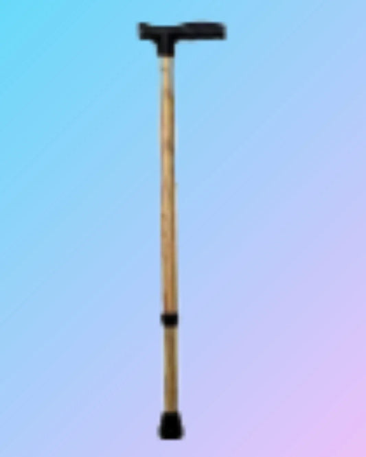 Wooden coated steel walking stick with ergonomic handle, sturdy design, ideal for support and outdoor use.