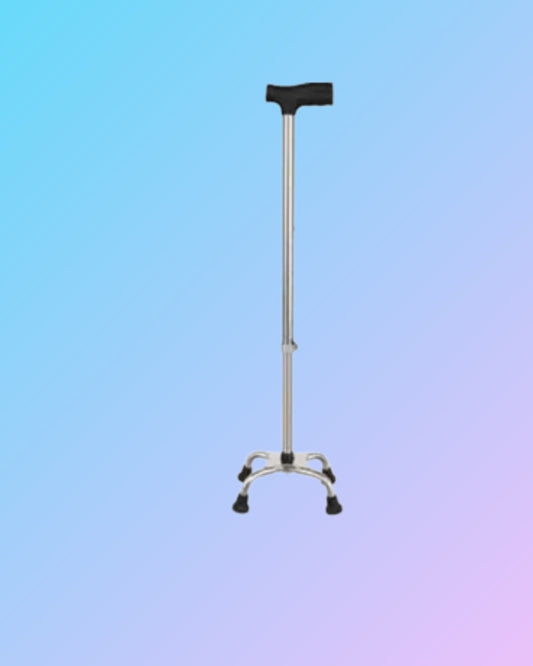 Quadripod walking stick with four sturdy legs, designed for extra stability and support, featuring a comfortable handle.