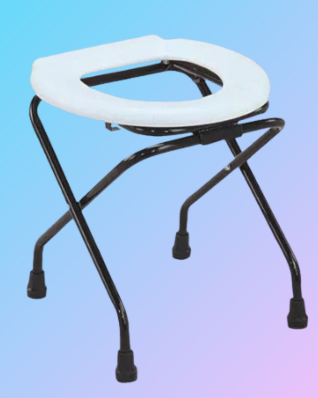 Folding commode chair with armrests and back support, lightweight design, suitable for elderly or mobility-impaired users.