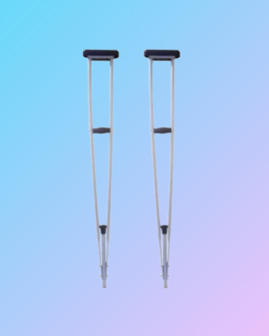 Metal underarm crutches with adjustable height and cushioned arm supports for comfortable mobility assistance.