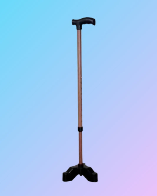 Three-legged walking stick tripod with adjustable height and rubber feet, designed for stability and support during walks.