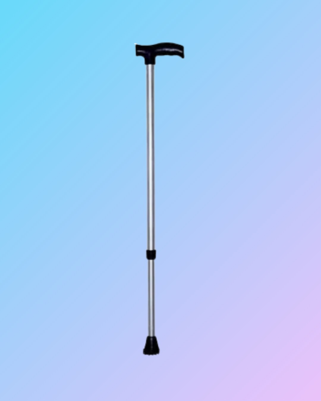 Silver walking stick with ergonomic handle, designed for stability and support, featuring a sleek metallic finish.