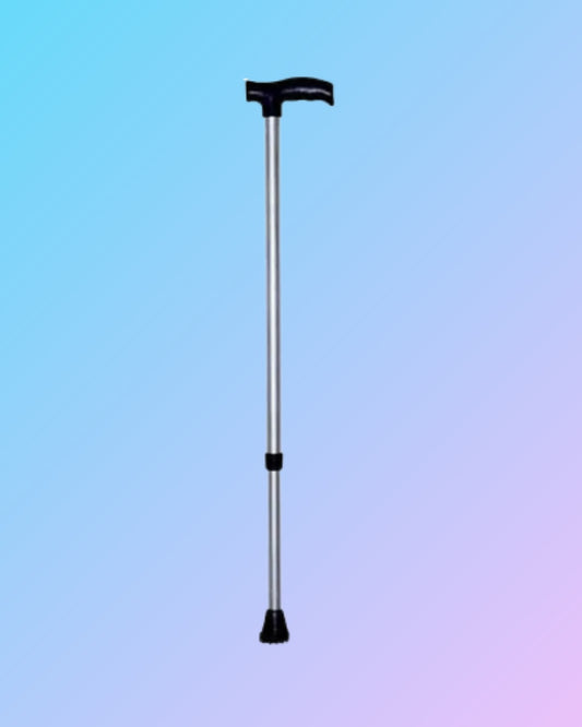 Silver walking stick with ergonomic handle, designed for stability and support, featuring a sleek metallic finish.