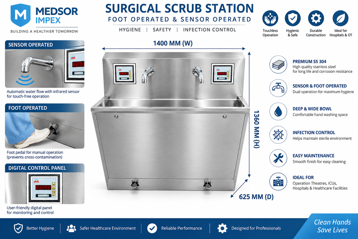 Medsor Impex Surgical Scrub Station Sinks – Manual, Foot Operated, Elbow Operated & Automatic Sensor